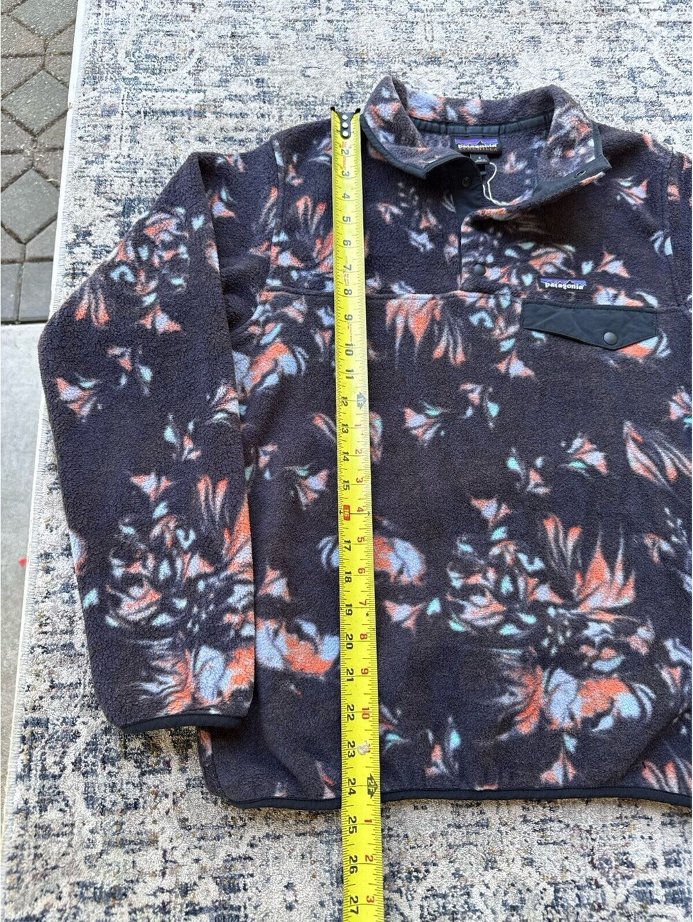 Patagonia Synchilla Fleece Pullover Sweater S Floral Navy Orange Snap Pocket - Picture 4 of 6
